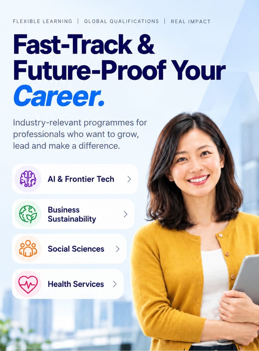 Aventis presenter alongside study areas in AI and Frontier Tech, Business Sustainability, Social Sciences and Health Services.