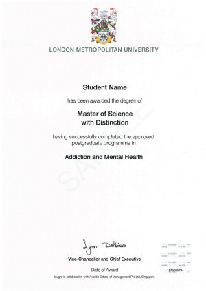 MSc Addiction and Mental Health Sample Certificate